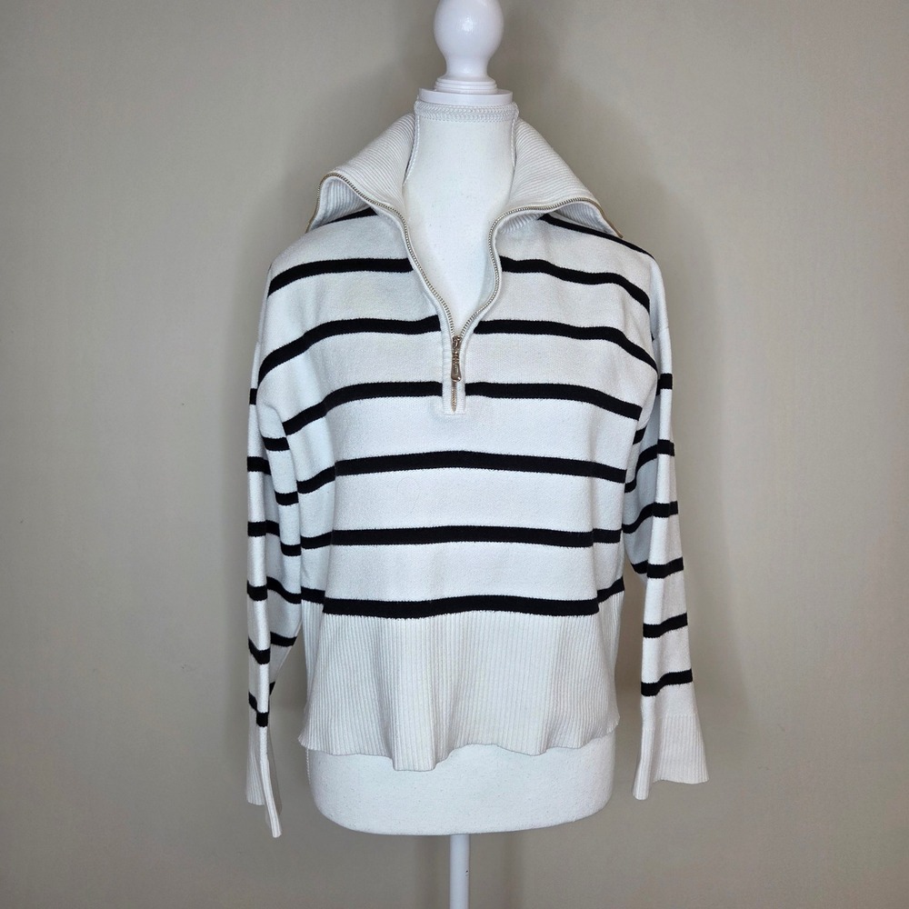 Cynthia Rowly Womens Striped Quarter‎ Zip Sweater Ivory Black M